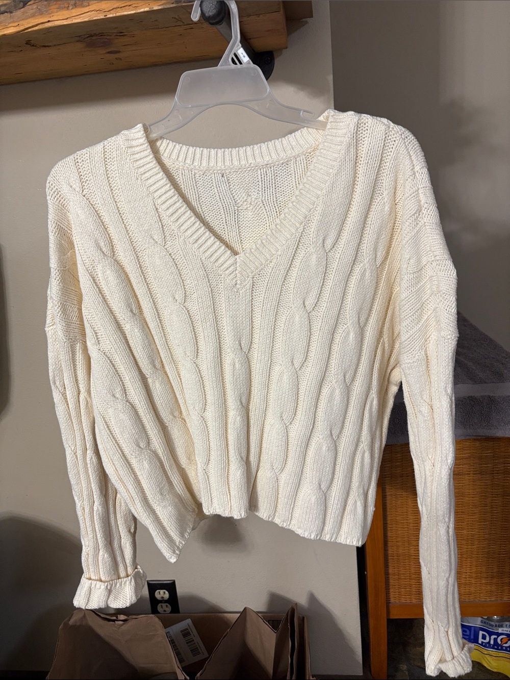 Cream Cable Knit V-Neck Sweater - Women's